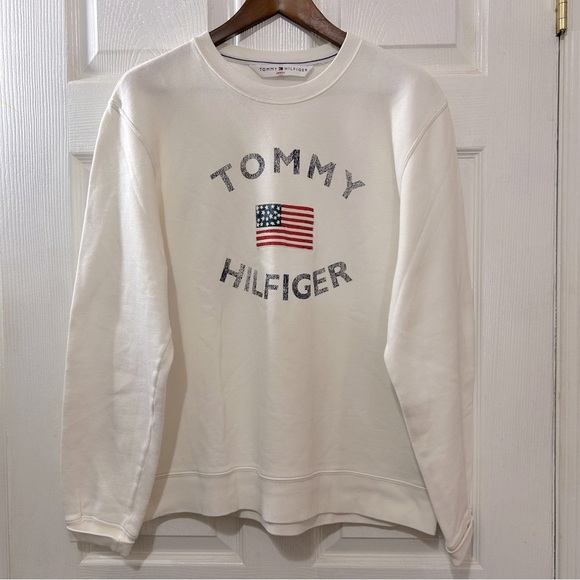 Tommy Hilfiger Crewneck Sweatshirt Cream Navy Size Large Y2K - Picture 1 of 8